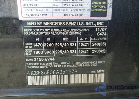 2008 Mercedes-Benz Gl 550 4Matic z USA, uszkodzony, nr VIN 4JGBF86E08A351579